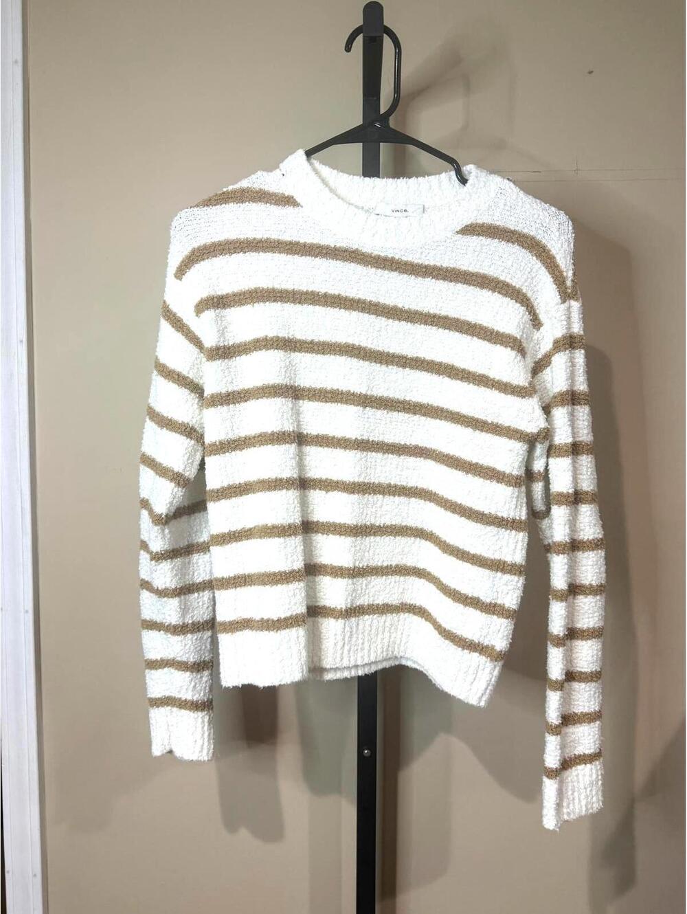 Vince XS Teddy Women's White and Tan Striped Sweater